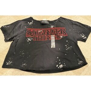 NWT Stranger Things Logo Crop Top T-Shirt Women's  Medium Gray Black Acid Wash